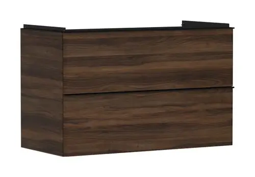 Waschtischunterschrank in dunkler Holzoptik mit zwei Schubkästen, geeignet für die Verwendung mit Hansgrohe Waschbecken.